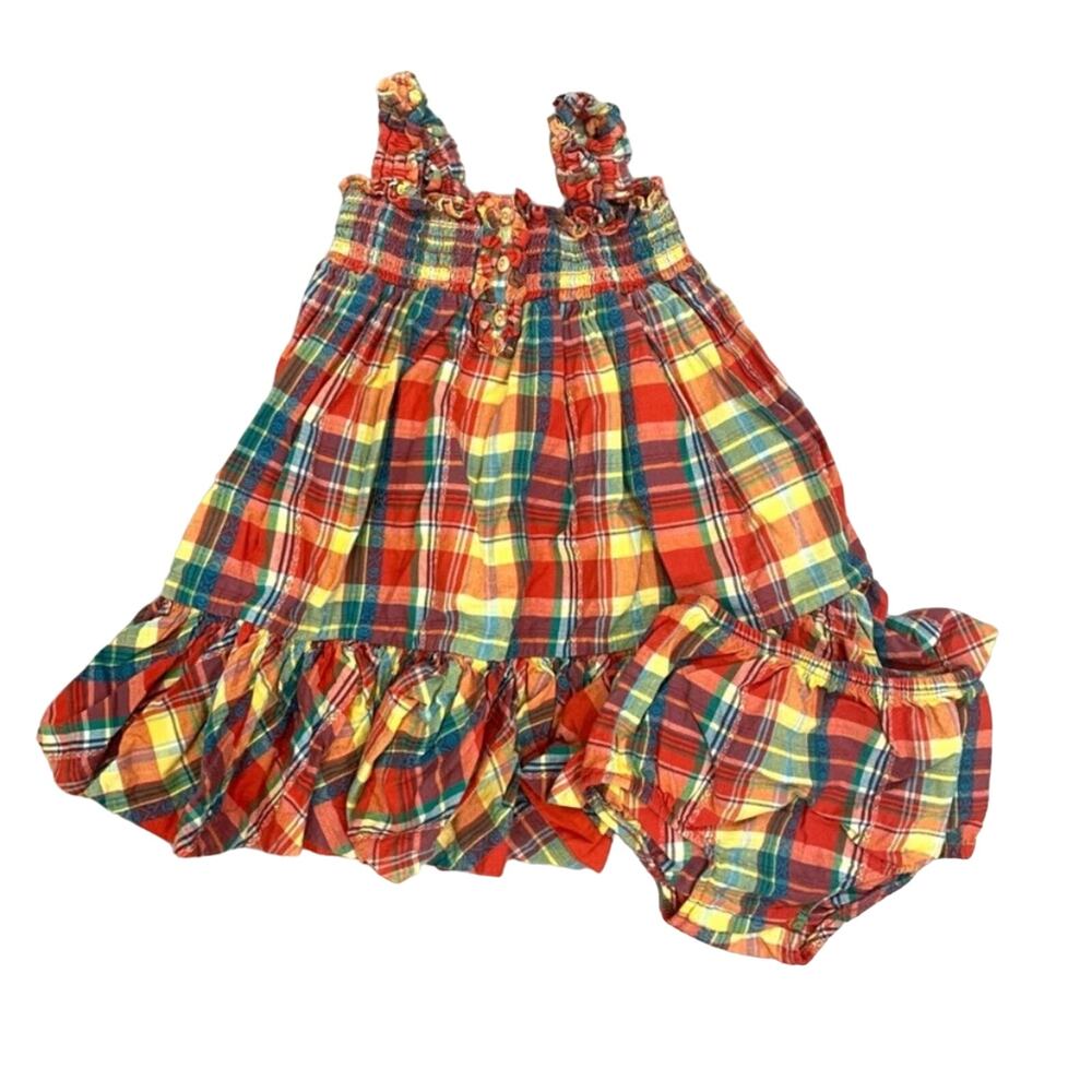 Ralph Lauren Red and Multicolor Tartan Plaid Smocked Baby Dress